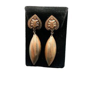 Funky Dangle Earrings Copper Tone Clip On Statement Jewelry Leaf Shape